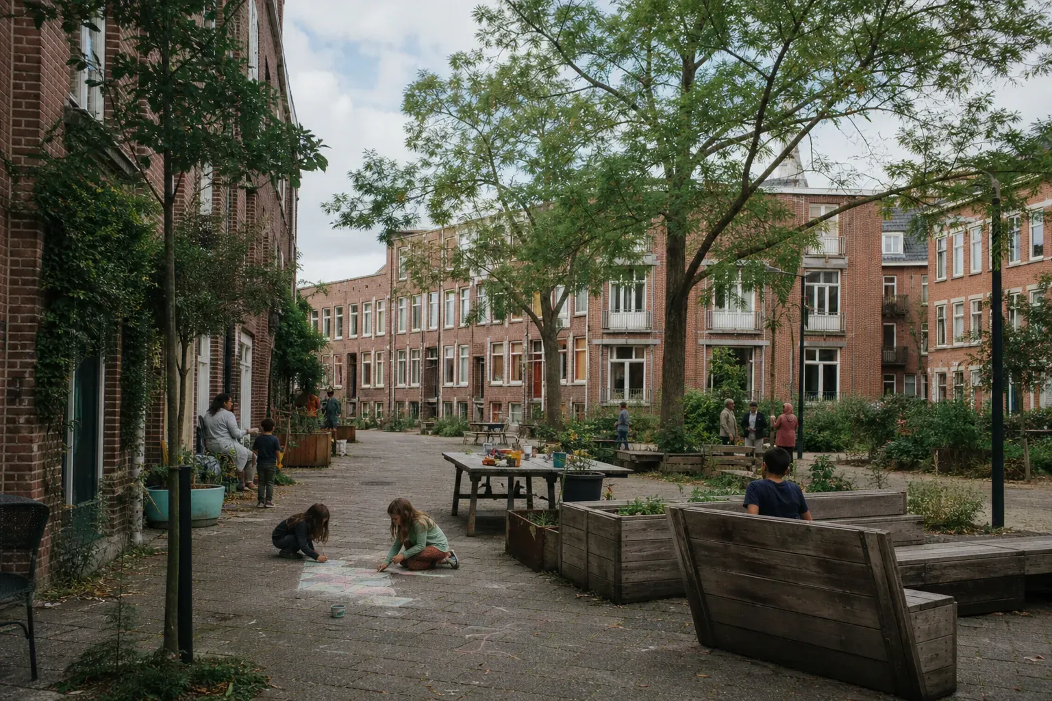 Een woonhof waar bewoners elkaar ontmoeten